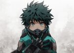  1boy bangs black_bodysuit black_gloves black_hair bodysuit boku_no_hero_academia coi_mha commentary freckles gloves gradient gradient_background green_bodysuit green_eyes green_hair grey_background hand_up looking_at_viewer male_focus mask messy_hair midoriya_izuku mouth_mask official_alternate_costume short_hair solo upper_body 