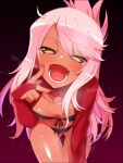  breasts chloe_von_einzbern dark-skinned_female dark_skin fate/grand_order fate/kaleid_liner_prisma_illya fate_(series) hirase_yuu long_hair looking_at_viewer one_side_up orange_eyes pink_hair pov small_breasts tongue tongue_out yellow_eyes 