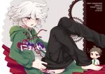  2boys bangs barefoot black_background black_pants blue_eyes brown_hair commentary_request dangan_ronpa_(series) dangan_ronpa_2:_goodbye_despair from_side full_body green_jacket green_neckwear grey_background grey_hair heart hinata_hajime hood hood_down hooded_jacket hoodie hoshihuri jacket knees_up komaeda_nagito male_focus messy_hair multiple_boys necktie open_mouth panties pants pink_panties print_shirt shirt side-tie_panties translation_request underwear undressing white_hair white_shirt 