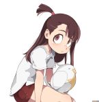  1girl alcor_(little_witch_academia) artist_name bangs brown_hair closed_mouth from_side kagari_atsuko little_witch_academia long_hair looking_at_viewer once_11h red_eyes red_shorts shirt short_sleeves shorts simple_background sitting tied_hair upper_body white_background white_shirt 