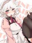  1boy apron bangs black_legwear blush commentary_request dangan_ronpa_(series) dangan_ronpa_2:_goodbye_despair dress eyebrows_visible_through_hair frills grey_eyes grey_hair hoshihuri knees_up komaeda_nagito long_sleeves looking_at_viewer maid maid_headdress male_focus medium_hair mouth_hold neck_ribbon pink_background red_nails red_ribbon ribbon solo thigh-highs white_apron white_background 