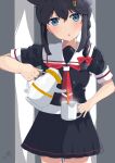  1girl absurdres black_hair black_serafuku blue_eyes blush braid cowboy_shot cup eyebrows_visible_through_hair hair_flaps hair_ornament hair_over_shoulder highres holding holding_cup holding_kettle kantai_collection kettle looking_at_viewer looking_back moto_shiitake necktie red_neckwear remodel_(kantai_collection) school_uniform serafuku shigure_(kancolle) single_braid solo 