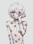  1boy absurdres avogado6 blue_eyes closed_mouth colored_skin commentary_request completely_nude hair_between_eyes hand_up highres jitome lipstick_mark looking_at_viewer male_focus nude original simple_background solo white_background white_hair white_skin 
