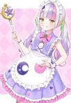  1girl absurdres apron bangs blush brooch commentary_request eyebrows_visible_through_hair frills grin hair_ornament highres holding holding_wand hololive jewelry long_hair looking_at_viewer maid maid_apron maid_headdress multicolored_hair murasaki_shion orange_eyes pink_hair purple_hair silver_hair smile star_(symbol) star_brooch star_hair_ornament thigh-highs tomozu twintails virtual_youtuber wand 