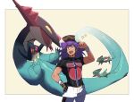  1boy :d ^_^ bangs baseball_cap blush border champion_uniform closed_eyes commentary_request dark-skinned_male dark_skin dragapult dreepy dynamax_band facial_hair gen_8_pokemon gloves hand_on_hip hand_up hat heart highres leggings leon_(pokemon) long_hair looking_up male_focus morio_(poke_orio) open_mouth outside_border pokemon pokemon_(creature) pokemon_(game) pokemon_swsh purple_hair shield_print shirt short_shorts short_sleeves shorts single_glove smile sword_print tongue upper_teeth white_border white_legwear white_shorts yellow_eyes 