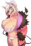  aohada_bocchi black_tail blonde_hair blue_eyes breasts chiai_(aohada_bocchi) curvy demon_girl demon_horns fur_trim hand_in_pocket head_tilt heart heart_print highres horns huge_breasts jacket long_hair navel pink_jacket pointy_ears revealing_clothes sharp_teeth tail tan teeth thick_thighs thighs tongue tongue_out white_horns zyugoya 