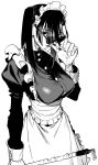  1girl apron bangs biting breasts finger_biting gloves greyscale highres holding long_hair looking_at_viewer maid maid_apron maid_headdress monochrome original simple_background solo sunglasses sweatdrop twintails white_background yuioni 