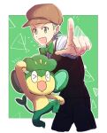  1boy black_pants border bow bowtie brown_headwear cilan_(pokemon) commentary_request gen_5_pokemon green_background green_eyes green_hair green_neckwear hat looking_at_viewer male_focus morio_(poke_orio) no_sclera outline outside_border outstretched_arm pansage pants pointing pokemon pokemon_(game) pokemon_bw shirt v-shaped_eyebrows vest white_border white_shirt 