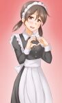  1girl alternate_costume anti_(untea9) apron bangs black_dress brown_eyes brown_hair dress enmaided eyebrows_visible_through_hair gradient gradient_background heart heart_hands highres kantai_collection long_sleeves looking_at_viewer low_twintails maid maid_apron maid_headdress open_mouth parted_bangs red_background shirayuki_(kancolle) short_twintails smile solo standing twintails waist_apron white_apron 