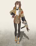  1girl american_flag black_legwear boots brown_eyes brown_hair brown_jacket brown_skirt chuck_(harfmoondark) closed_mouth counter_strike:_global_offensive eyebrows_visible_through_hair girls_frontline gun h&amp;k_ump hand_on_hip highres holding holding_weapon jacket long_hair looking_at_viewer nail_polish open_clothes open_jacket pantyhose scar scar_across_eye shirt simple_background skirt smile solo standing submachine_gun ump45_(girls_frontline) uniform weapon white_footwear white_shirt yellow_nails 