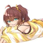  1girl bangs blue_eyes brown_hair dark_talker eyebrows_visible_through_hair hololive looking_at_viewer lying natsuiro_matsuri on_stomach open_mouth scrunchie short_hair shorts side_ponytail sleeveless smile solo upper_teeth virtual_youtuber white_background 