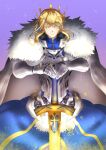  1girl absurdres ahoge armor armored_dress artoria_pendragon_(all) artoria_pendragon_(lancer)_(fate) bangs blonde_hair blue_legwear braid cape crown empty_eyes excalibur_(fate/stay_night) eyebrows_visible_through_hair fate/grand_order fate_(series) french_braid fur-trimmed_cape fur_trim gauntlets gloves glowing glowing_eyes glowing_sword glowing_weapon green_eyes hair_between_eyes hands_on_hilt highres kikubisi long_hair looking_at_viewer sidelocks solo swept_bangs sword weapon white_cape 