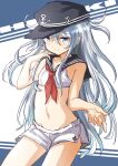  1girl adapted_costume anchor_symbol black_headwear black_sailor_collar blue_eyes casual commentary_request cowboy_shot crop_top flat_cap fuji_(pixiv24804665) hat hibiki_(kancolle) highres kantai_collection long_hair neckerchief red_neckwear sailor_collar shorts silver_hair smile solo two-tone_background white_shorts 