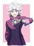  1boy ahoge bangs bede_(pokemon) border coat commentary_request curly_hair great_ball grey_hair hand_up holding holding_poke_ball male_focus morio_(poke_orio) open_mouth outline outside_border poke_ball pokemon pokemon_(game) pokemon_swsh purple_coat short_hair sleeves_rolled_up smile solo violet_eyes white_border wristband 