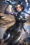  1girl alita alita:_battle_angel ayya_sap black_bodysuit black_hair bodysuit breasts brown_eyes facial_mark looking_at_viewer medium_breasts medium_hair robot sword tagme weapon 