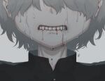 1boy absurdres avogado6 black_shirt bleeding blood clenched_teeth commentary_request covered_eyes crying facing_viewer fangs grey_background grey_hair hair_over_eyes highres male_focus original shirt simple_background solo tears teeth vampire 