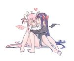  2girls akemi_homura akuma_homura arms_around_waist bare_legs barefoot black_jacket black_wings blush closed_eyes crazycat47 demon_wings embarrassed eyebrows_visible_through_hair flying_sweatdrops full_body furrowed_brow goddess_madoka hair_between_eyes hair_ribbon hands_up heart jacket kaname_madoka kiss kissing_cheek knees_together_feet_apart legs_together long_hair mahou_shoujo_madoka_magica mahou_shoujo_madoka_magica_movie mini_wings multiple_girls nervous no_mouth no_nose on_ground pink_hair pink_wings purple_hair red_ribbon ribbon shy side-by-side simple_background single_wing sitting straight_hair two_side_up very_long_hair white_background white_jacket white_ribbon wings 