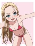  1girl bikini blonde_hair blue_eyes border character_request commentary_request copyright_request cowboy_shot flat_chest highres leaning_forward long_hair looking_at_viewer outstretched_arms pink_background red_bikini smile solo standing swimsuit tamaya two-tone_background upper_body white_border 