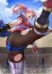  1girl absurdres arena ass black_legwear blue_sky breasts clouds day diadem dragon_quest dragon_quest_dai_no_daibouken fingerless_gloves gloves highres kicking large_breasts maam open_mouth pantyhose pink_eyes pink_hair red_gloves short_hair side_ponytail sky solo standing standing_on_one_leg teeth torn_clothes torn_legwear yoshio_(55level) 