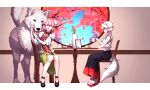  1641_(chfhrtor94) 2girls absurdres animal_ears bandaged_arm bandages bangs black_footwear black_skirt chair closed_eyes coffee_mug commentary_request cuffs cup double_bun flower food full_body green_skirt highres holding holding_cup ibaraki_kasen inubashiri_momiji korean_commentary leaf maple_leaf mug multiple_girls open_mouth pink_hair pom_pom_(clothes) pudding red_eyes red_footwear shackles shirt short_sleeves sitting skirt sleeveless sleeveless_shirt smile tabard table tail touhou vase white_hair white_legwear white_shirt wolf wolf_ears wolf_tail zouri 