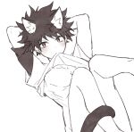  1boy animal_ears arms_behind_head bangs blush boku_no_hero_academia bottomless cat_ears cat_tail clothes_lift coi_mha freckles greyscale kemonomimi_mode looking_at_viewer male_focus messy_hair midoriya_izuku monochrome mouth_hold shirt shirt_lift simple_background solo t-shirt tail white_background 