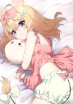  1girl absurdres ahoge animal_ears bangs bare_shoulders blonde_hair blue_eyes bow closed_mouth eyebrows_visible_through_hair green_bow hair_between_eyes highres long_hair looking_at_viewer mochizuki_mochi original pink_bow smile stuffed_animal stuffed_toy tail white_bow 