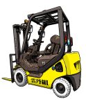  chair commentary_request forklift from_side komatsu_(company) makino_yasuhiro no_humans simple_background steering_wheel translation_request vehicle_focus wheel white_background 