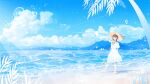  1girl arm_up bangs barefoot beach black_hair blue_sky blue_theme bubble clouds cloudy_sky collared_shirt craft-cs hat hat_ribbon leaf long_hair original plant pleated_skirt red_ribbon ribbon shadow shirt short_sleeves skirt sky solo walking water white_shirt white_skirt wide_shot 