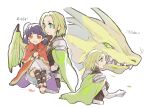  2girls batoson54 blonde_hair cape celina_(fire_emblem) dragon dragon_wings earrings elbow_gloves fangs fire_emblem fire_emblem:_the_sacred_stones gloves green_eyes highres holding jewelry manakete multiple_girls myrrh_(fire_emblem) open_mouth purple_hair red_eyes short_hair white_background wings 