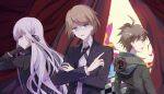  1girl 2boys absurdres ahoge bangs black_gloves black_jacket black_ribbon blonde_hair blue_eyes braid brown_hair brown_jacket checkered collared_shirt commentary_request crossed_arms curtains dangan_ronpa:_trigger_happy_havoc dangan_ronpa_(series) dress_shirt formal from_side gloves green_jacket hair_ribbon highres hood hooded_jacket huge_filesize jacket kirigiri_kyouko long_hair multiple_boys naegi_makoto necktie open_mouth otomo_no_(chiku_wa) pink_background profile purple_hair red_background ribbon shirt short_hair sideways_glance single_braid suit togami_byakuya upper_body violet_eyes white_background 