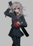  1girl arm_up bangs black_legwear black_serafuku black_skirt braid breasts closed_mouth commentary_request dangan_ronpa_(series) dangan_ronpa_2:_goodbye_despair feet_out_of_frame glasses grey_background grey_hair hair_ribbon holding large_breasts long_hair long_sleeves looking_at_viewer neckerchief pantyhose pekoyama_peko pleated_skirt red_eyes red_neckwear ribbon round_eyewear sailor_collar school_uniform serafuku shirt silver_hair simple_background skirt solo sword tami_tome_mo twin_braids weapon 