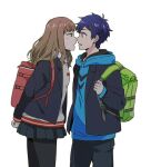  1boy 1girl arms_behind_back asanaka_yomogi bangs beige_sweater black_jacket black_pants black_skirt blazer blue_hair blue_hoodie brown_hair eyebrows_visible_through_hair green_eyes gridman_universe hair_behind_ear hair_ornament hairclip higashi_ringo hood hoodie imminent_kiss jacket minami_yume noses_touching open_mouth pants skirt ssss.dynazenon surprised white_background 