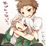  2boys ahoge anger_vein arm_around_neck bangs black_legwear blush brown_hair commentary_request dangan_ronpa_(series) dangan_ronpa_2:_goodbye_despair green_jacket grey_hair hand_on_another&#039;s_head hinata_hajime hoshihuri hug jacket komaeda_nagito male_focus medium_hair multiple_boys one_eye_closed open_mouth pantyhose petting short_hair simple_background sweat sweatdrop translation_request trembling upper_body 