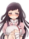  1girl apron bandaged_hand bangs blush breasts collared_shirt commentary_request crying crying_with_eyes_open dangan_ronpa_(series) dangan_ronpa_2:_goodbye_despair dress_shirt hand_grab holding_hands hoshihuri large_breasts long_hair looking_at_viewer open_mouth pink_eyes pink_shirt pov pov_hands purple_hair shirt simple_background solo_focus tears tsumiki_mikan upper_body white_apron white_background 