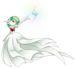  1girl absurdres arm_up bangs bare_shoulders bob_cut colored_skin commentary_request dress elbow_gloves flat_chest full_body gardevoir gen_3_pokemon gloves green_hair hair_over_one_eye happy highres looking_up lotosu mega_evolution mega_gardevoir mega_pokemon open_mouth outstretched_arm pokemon pokemon_(creature) red_eyes shiny shiny_hair short_hair simple_background smile solo standing strapless strapless_dress white_background white_dress white_gloves white_skin 