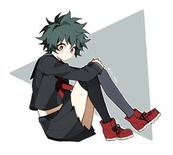  1girl bangs black_legwear black_serafuku black_shirt black_skirt boku_no_hero_academia coi_mha commentary from_side genderswap genderswap_(mtf) green_hair looking_at_viewer midoriya_izuku over-kneehighs pleated_skirt red_footwear red_neckwear school_uniform serafuku shirt shoes short_hair sitting skirt solo thigh-highs 