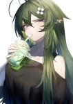  1girl alternate_costume antenna_hair arknights bangs bare_shoulders black_shirt breasts cup disposable_cup drinking drinking_straw gavial_(arknights) green_hair hair_between_eyes hair_ornament hairclip highres holding holding_cup long_hair looking_at_viewer medium_breasts ozeu0916 pointy_ears shirt sidelocks solo upper_body yellow_eyes 