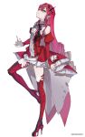  1girl boots center_frills detached_collar detached_sleeves dress earrings fairy_knight_tristan_(fate) fate/grand_order fate_(series) frills full_body grey_eyes high_heels jewelry long_hair looking_at_viewer pink_hair pointy_ears red_dress red_nails solo white_background zeromomo 