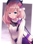  1girl bag bangs black_headwear blue_eyes blush bow bowtie brown_hair flower hair_bow hair_flower hair_ornament hairclip hat long_hair looking_at_viewer marumaruru nijisanji purple_skirt sidelocks skirt smile solo suzuhara_lulu sweater virtual_youtuber white_sweater 