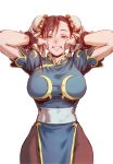  1girl arms_up bangs blue_dress bracelet breasts brown_eyes brown_hair bun_cover chun-li cowboy_shot double_bun dress fujii_eishun gold_trim grin hair_between_eyes hands_on_own_cheeks hands_on_own_face highres jewelry large_breasts looking_at_viewer puffy_short_sleeves puffy_sleeves sash short_sleeves simple_background smile solo spiked_bracelet spikes street_fighter white_background white_sash 