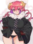  1girl absurdres black_panties breasts bright_pupils claws fang fang_out hands_on_hips highres ilulu_(maidragon) kobayashi-san_chi_no_maidragon large_breasts long_hair looking_at_viewer multicolored_hair panties purple_hair red_eyes redhead short_stack smile solo takao_(88499191) twintails underwear v-shaped_eyebrows white_pupils 
