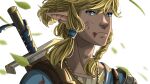 1boy absurdres blonde_hair blood blood_on_face blue_eyes collar earrings highres injury jewelry leaves_in_wind link looking_away male_focus multicolored multicolored_eyes pointy_ears ponytail sadraquesakuga sword the_legend_of_zelda the_legend_of_zelda:_breath_of_the_wild weapon 