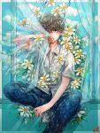  1boy blue_pants brown_hair collared_shirt curtains flower foot_out_of_frame highres leaf one_eye_covered original pants plant plant_uezi shirt short_hair short_sleeves sitting solo white_flower white_shirt window 