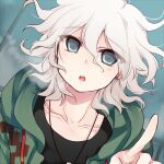  1boy alternate_costume bangs black_shirt blue_eyes collarbone commentary_request dangan_ronpa_(series) dangan_ronpa_2:_goodbye_despair earrings grey_eyes hair_between_eyes hood hood_down hoshihuri index_finger_raised jacket jewelry komaeda_nagito looking_at_viewer male_focus necklace open_clothes open_jacket open_mouth shirt solo upper_body upper_teeth white_hair 