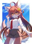 1girl :q ahoge animal_ears blue_sky blush body_fur breasts brown_fur brown_hair clouds commentary_request day furry grey_skirt hair_ornament highres long_hair long_sleeves looking_at_viewer medium_breasts necktie orange_eyes original paws pleated_skirt red_neckwear school_uniform shirt skirt sky solo sunlight tail tongue tongue_out tsuji two-tone_fur white_fur white_shirt wolf_ears wolf_girl wolf_tail 