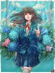  1girl aqua_flower bangs blue_flower blue_jacket blue_skirt collared_shirt cowboy_shot eyebrows_visible_through_hair flower grey_legwear hand_up highres hydrangea index_finger_raised jacket leaf long_sleeves original pink_flower plant plant_uezi pleated_skirt purple_flower red_neckwear red_ribbon ribbon shirt skirt solo thigh-highs white_shirt 