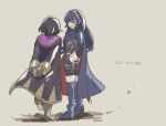  2girls armor arms_behind_back bangs batoson54 black_hair blue_eyes blue_hair boots cape dated eyebrows_visible_through_hair fingerless_gloves fire_emblem fire_emblem_awakening full_body gloves hair_between_eyes long_hair looking_at_another lucina_(fire_emblem) morgan_(fire_emblem) morgan_(fire_emblem)_(female) multiple_girls open_mouth pauldrons sheath short_hair shoulder_armor standing thigh-highs thigh_boots tiara 
