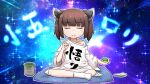  1girl bangs brown_hair closed_eyes closed_mouth clothes_writing cup cushion eyebrows_visible_through_hair facing_viewer food headgear highres holding holding_food neon-tetora no_shoes off_shoulder shirt sitting socks solo touhoku_kiritan translation_request twintails voiceroid white_legwear white_shirt yunomi zabuton 