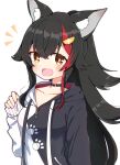  1girl :d animal_ear_fluff animal_ears bangs black_collar black_hair black_hoodie blush collar collarbone commentary crossed_bangs flipped_hair hair_between_eyes hair_ornament hairclip hololive hood hoodie long_hair looking_at_viewer multicolored_hair ookami_mio open_mouth paw_print paw_print_pattern pinching_sleeves rabiiandrain redhead sidelocks sleeves_past_wrists smile solo streaked_hair two-tone_hoodie very_long_hair virtual_youtuber white_hoodie wolf_ears wolf_girl yellow_eyes 