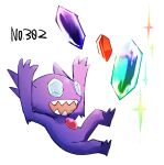  :d arms_up commentary_request full_body gem gen_3_pokemon morio_(poke_orio) no_humans number open_mouth pokedex_number pokemon pokemon_(creature) sableye sharp_teeth simple_background smile solo sparkle teeth white_background 